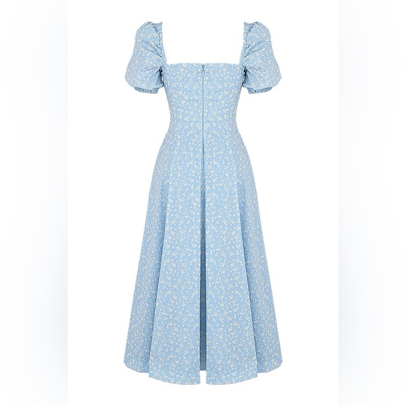 HOUSE OF CB TALLULAH BLUE IVORY FLORAL PUFF SLEEVE MIDI DRESS - Picture 8 of 8